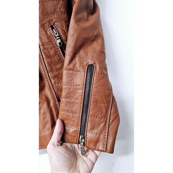 Made In Ecuador 100% Leather Classic Biker Style Tan Brown Women Jacket (M) - Picture 4 of 5